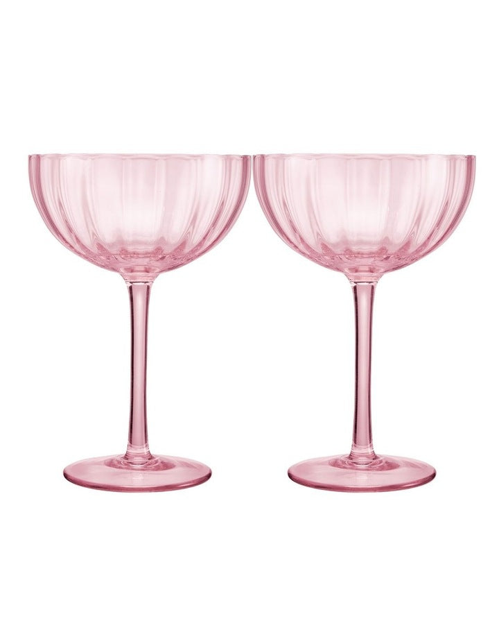 Wicked Pink Goes Good With Green Ribbed Coupe Glass Glinda Set of 2 Gift Boxed in Pink