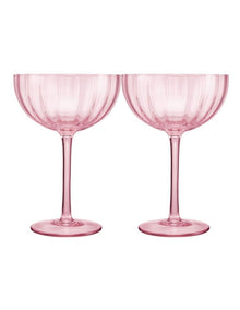 Wicked Pink Goes Good With Green Ribbed Coupe Glass Glinda Set of 2 Gift Boxed in Pink