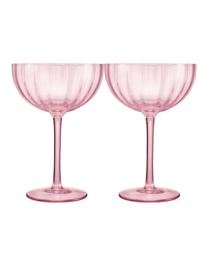 Wicked Pink Goes Good With Green Ribbed Coupe Glass Glinda Set of 2 Gift Boxed in Pink