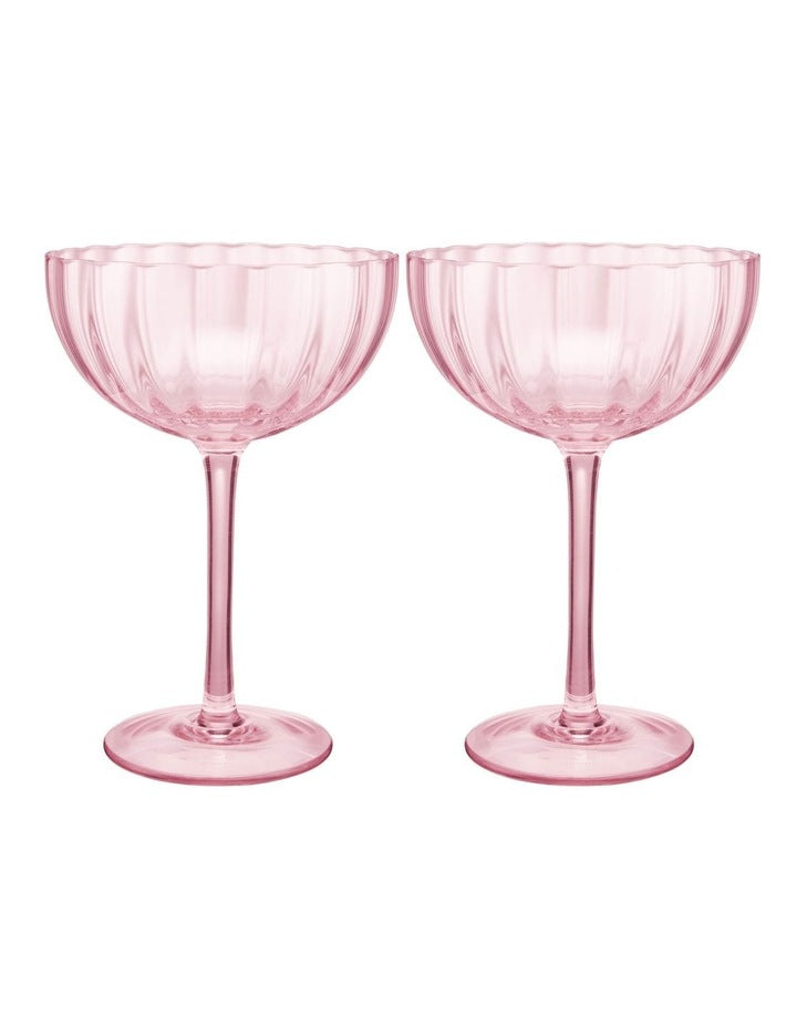 Wicked Pink Goes Good With Green Ribbed Coupe Glass Glinda Set of 2 Gift Boxed in Pink