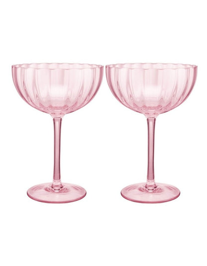 Wicked Pink Goes Good With Green Ribbed Coupe Glass Glinda Set of 2 Gift Boxed in Pink