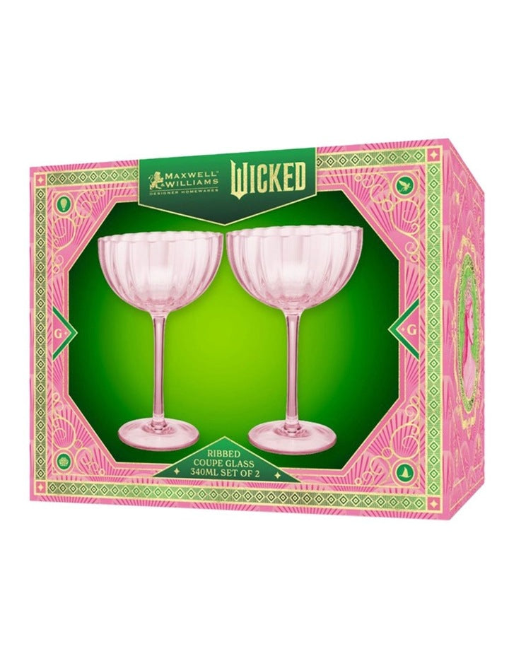Wicked Pink Goes Good With Green Ribbed Coupe Glass Glinda Set of 2 Gift Boxed in Pink
