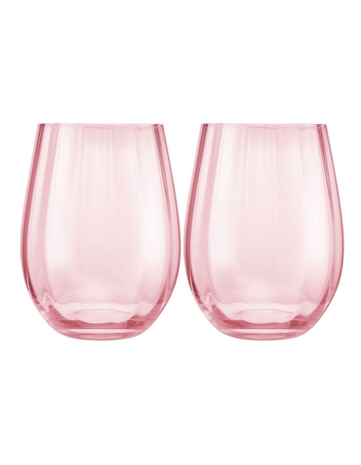Wicked Pink Goes Good With Green Ribbed Stemless Glass Glinda Set of 2 Gift Boxed in Pink