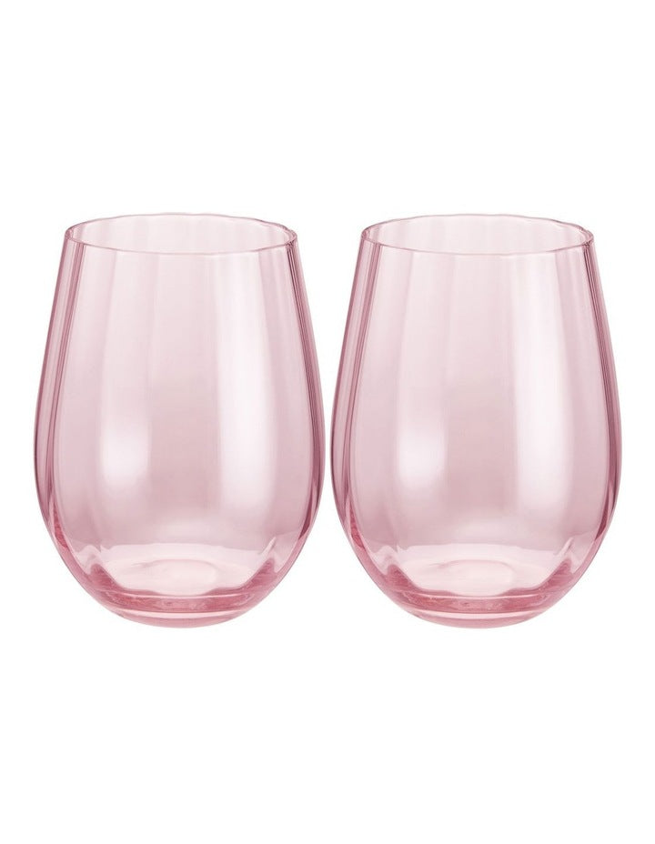 Wicked Pink Goes Good With Green Ribbed Stemless Glass Glinda Set of 2 Gift Boxed in Pink