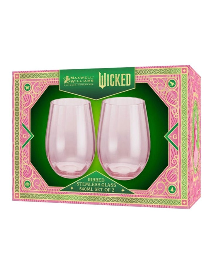 Wicked Pink Goes Good With Green Ribbed Stemless Glass Glinda Set of 2 Gift Boxed in Pink