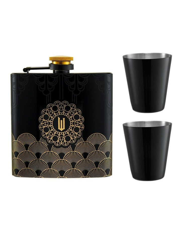 Wicked Wizard's Palace Hip Flask Set 4 Pieces Gift Boxed in Black