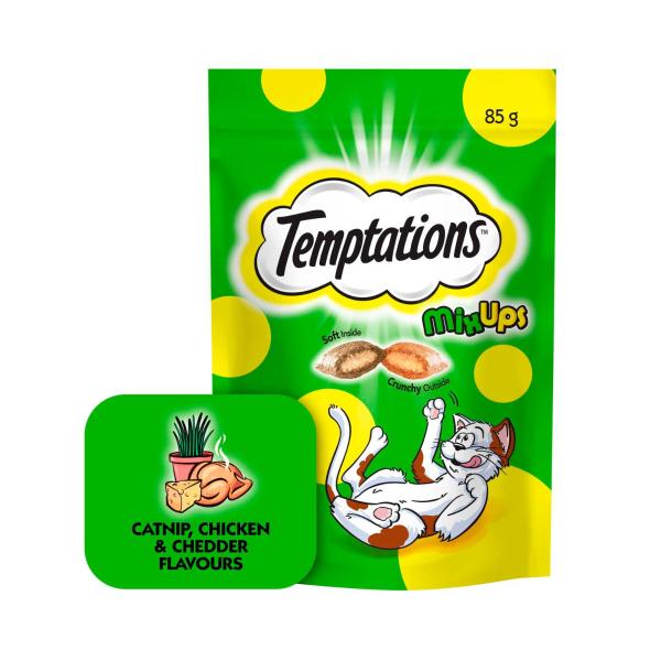 TEMPTATIONS MIX UPS CAT TREATS CATNIP CHICKEN & CHEDDAR FLAVOURS 85G