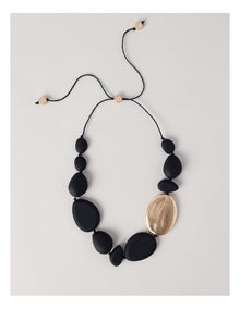 Wood & Metal Bead Necklace in Black