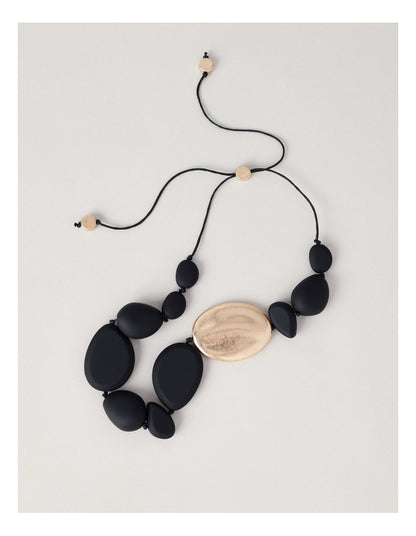 Wood & Metal Bead Necklace in Black