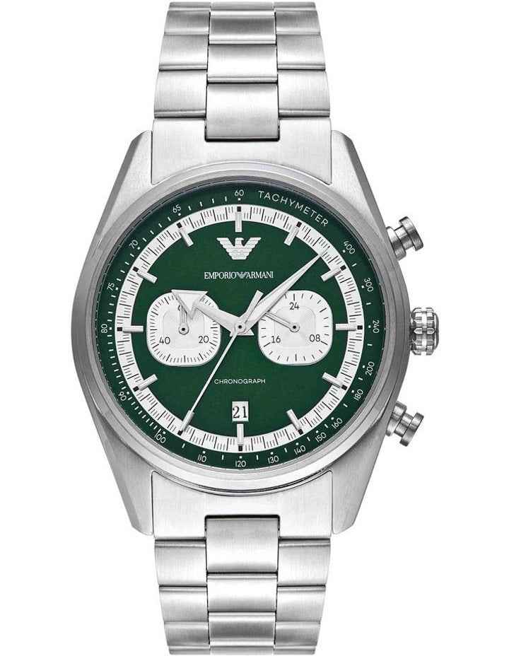 Silver Chronograph Watch with Green Dial