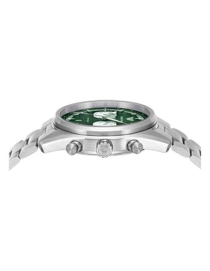 Silver Chronograph Watch with Green Dial
