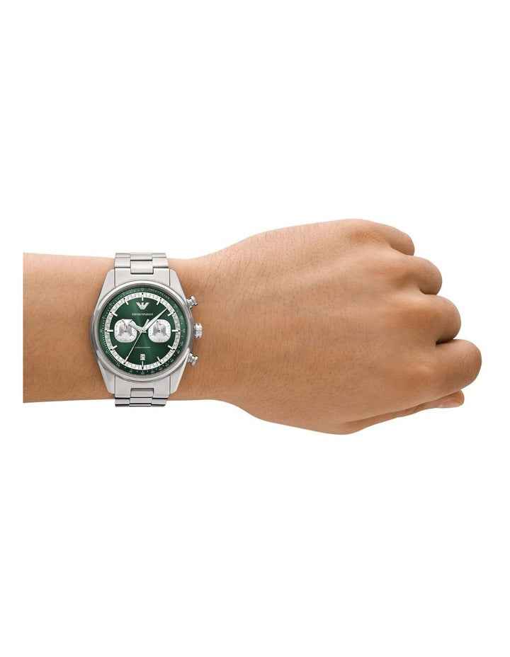Silver Chronograph Watch with Green Dial