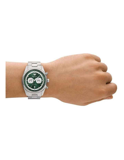 Silver Chronograph Watch with Green Dial