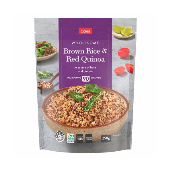 COLES MICROWAVE QUINOA BROWN RICE 250G