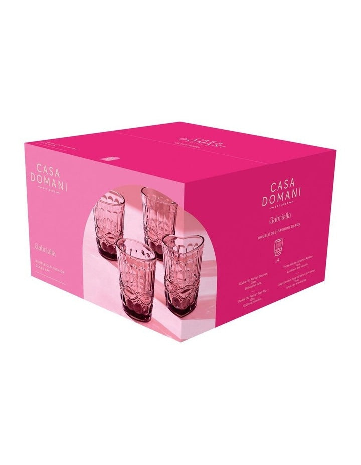 Gabriella Double Old Fashion Glass 4 Pieces Gift Boxed in Pink