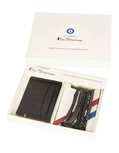 Leather Credit Card Holder & Bracelet Gift Set in Black
