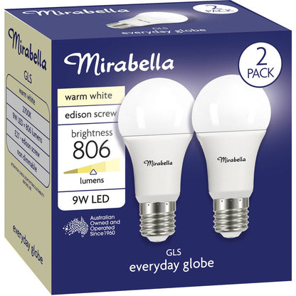 Mirabella Led Gls Edison Screw 9w 806lm Warm White Light Globe 2 Pack