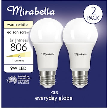 Mirabella LED GLS Edison Screw 9W 806lm Warm White Light Globe 2 pack