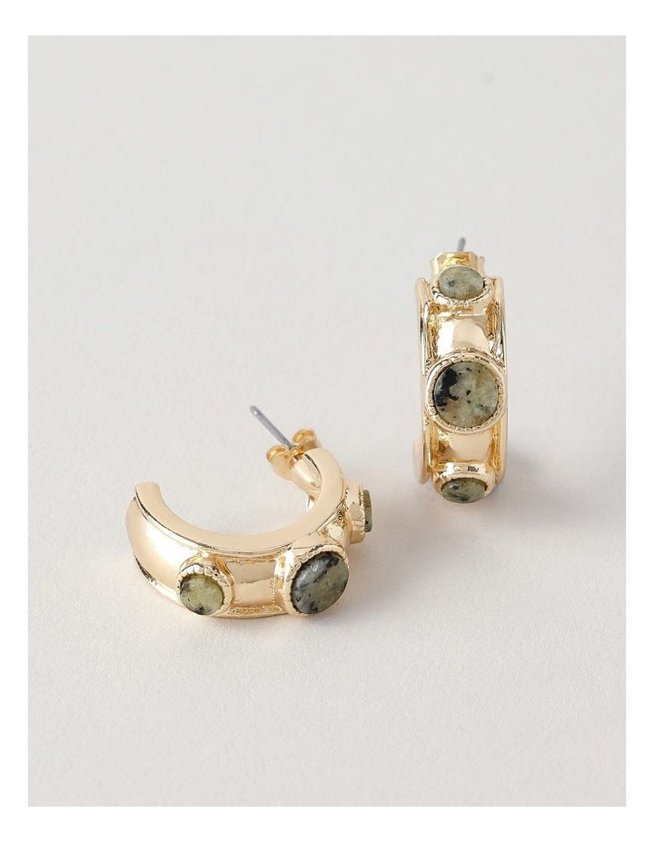 Triple Stone Half Hoop Earring in Gold/Green