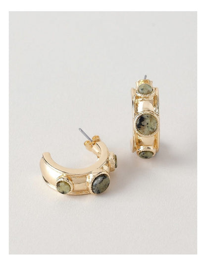 Triple Stone Half Hoop Earring in Gold/Green