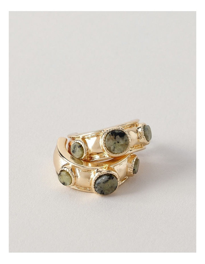 Triple Stone Half Hoop Earring in Gold/Green