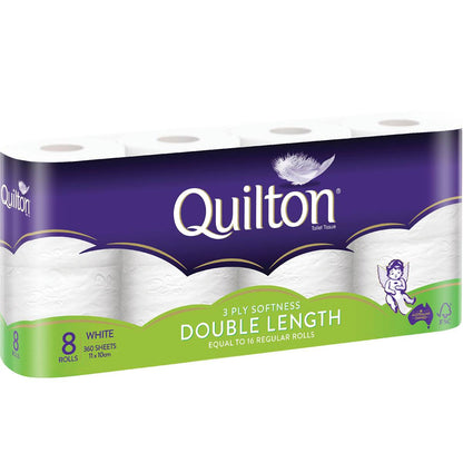 Quilton Double Length Toilet Tissue 3ply White 360 Sheets 8 Pack