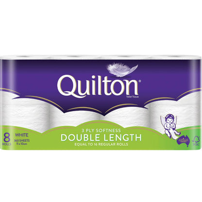 Quilton Double Length Toilet Tissue 3ply White 360 Sheets 8 Pack