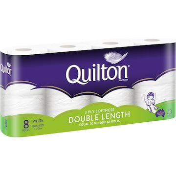Quilton Double Length White 3 Ply Toilet Paper 8 pack