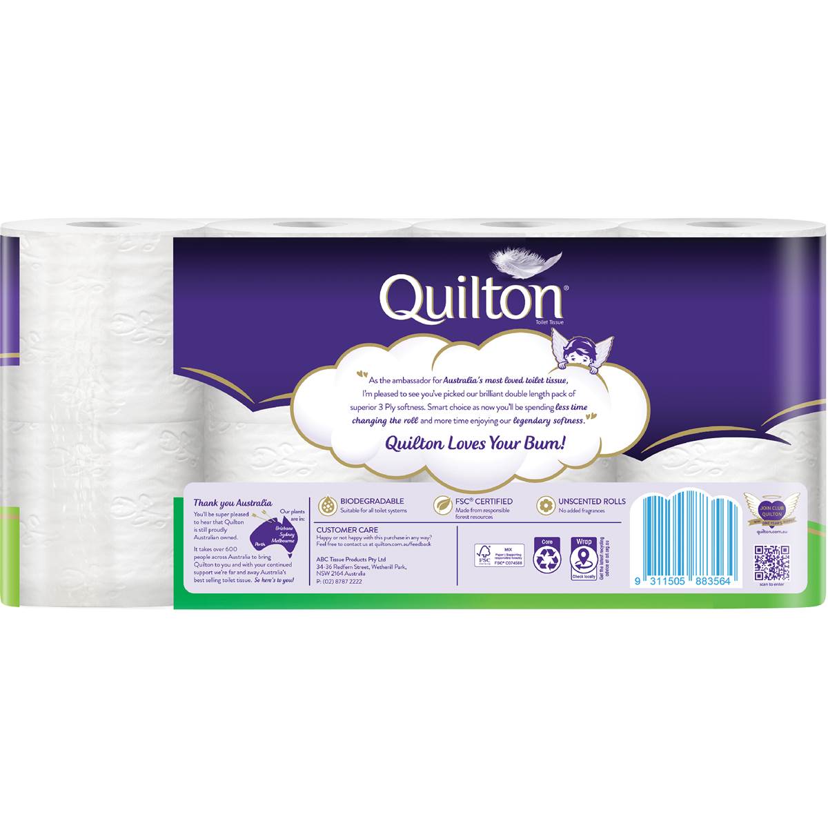 Quilton Double Length Toilet Tissue 3ply White 360 Sheets 8 Pack