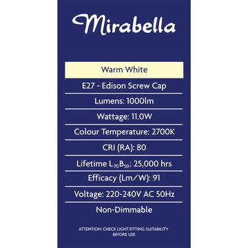 Mirabella LED GLS ES 11W 1000lm Warm White 2 pack