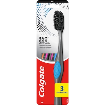 Colgate Toothbrush 360 Charcoal Floss Tip Bristles Soft 3 pack