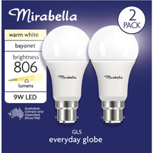 Mirabella Led Gls Bayonet Cap 9w 806lm Warm  White Light Globe 2 Pack