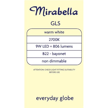 Mirabella LED GLS Bayonet Cap 9W 806lm Warm  White Light Globe 2 pack
