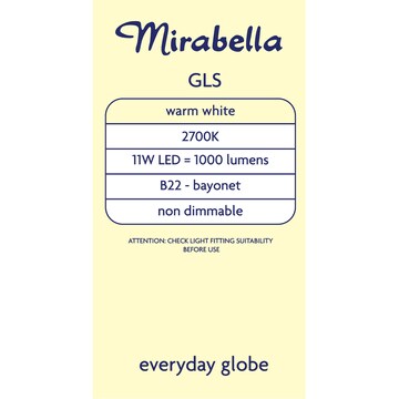 Mirabella LED GLS BC 11W 1000lm Warm White 2 pack