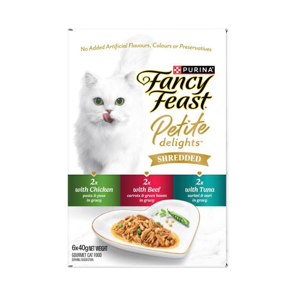 FANCY FEAST PETITE DELIGHTS SHREDDED CAT FOOD WITH CHICKEN BEEF AND TUNA 6X40G 240GRAM