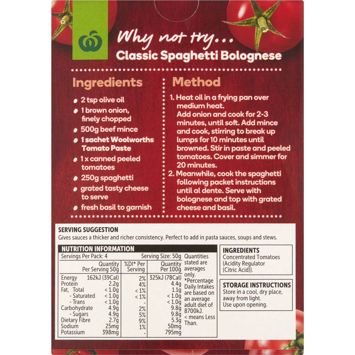 Woolworths Tomato Paste Sachets No Added Salt 4 Pack