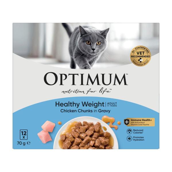 OPTIMUM HEALTHY WEIGHT WITH CHICKEN CHUNKS IN GRAVY CAT FOOD POUCHES 12X70G 840G