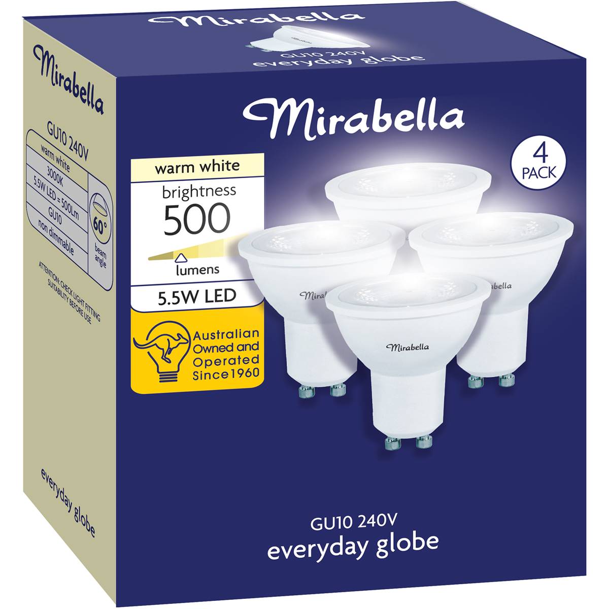 Mirabella LED GU10 5.5W 500lm Warm White Light Globe 4 pack
