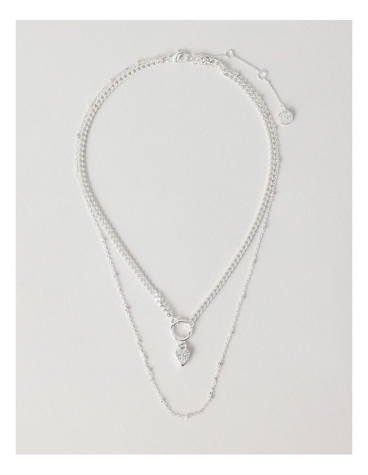 Double Chain with Heart Pendant Necklace in Silver