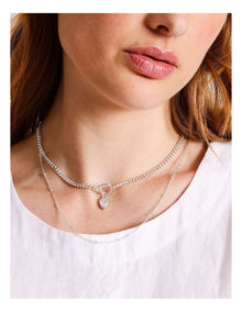 Double Chain with Heart Pendant Necklace in Silver