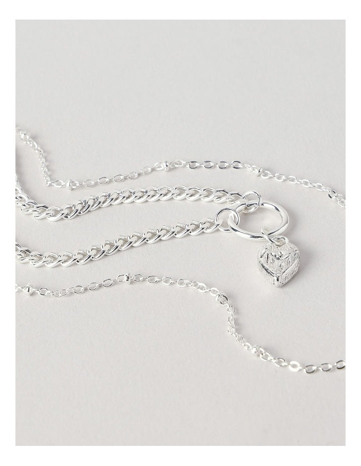 Double Chain with Heart Pendant Necklace in Silver