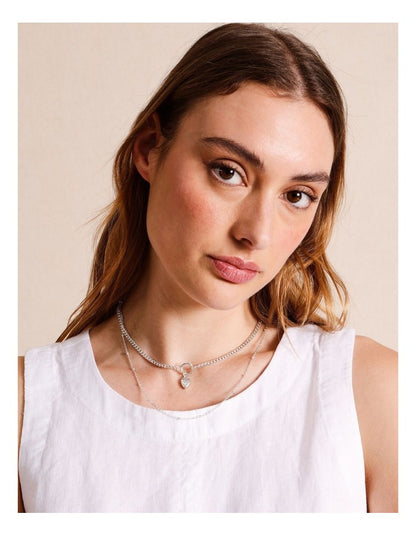 Double Chain with Heart Pendant Necklace in Silver