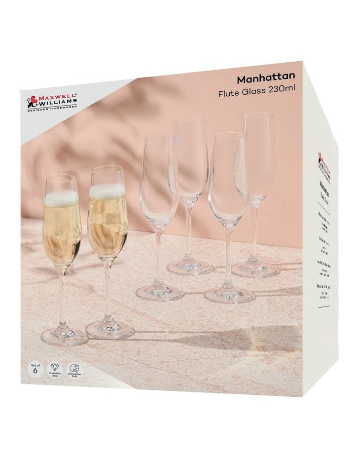 Manhattan Flute Glass 230ml Set of 6 Gift Boxed in Clear