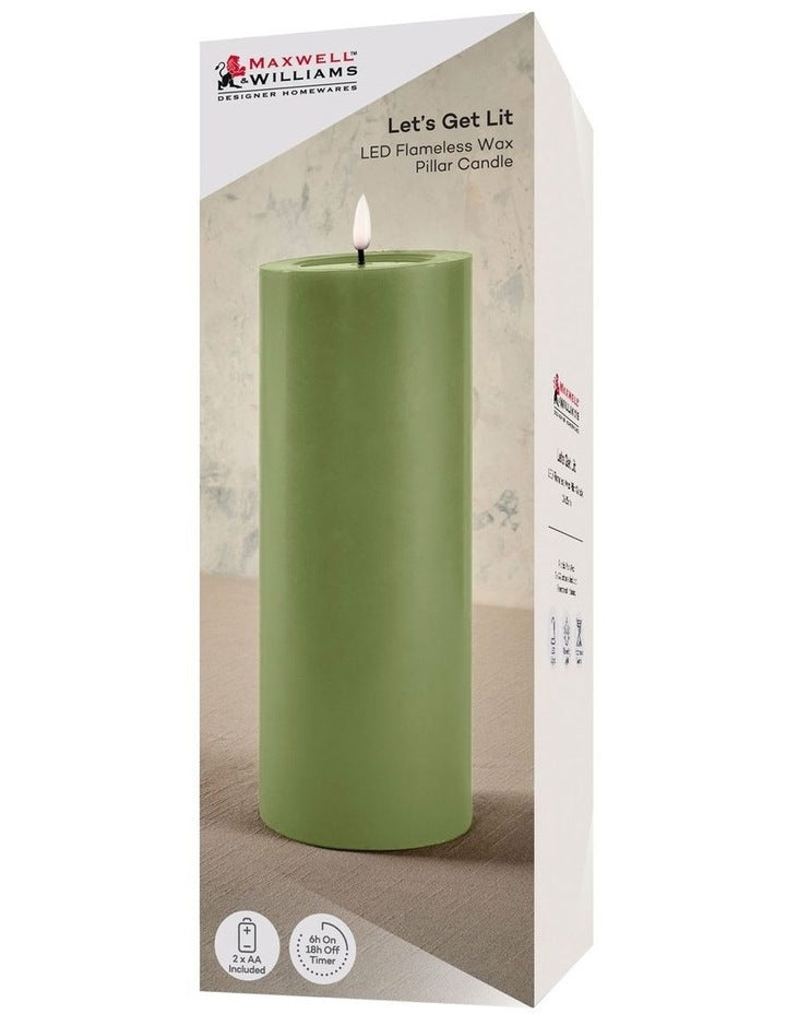 Let's Get Lit LED Flameless Wax Pillar Candle 10x25cm Pine Gift Boxed