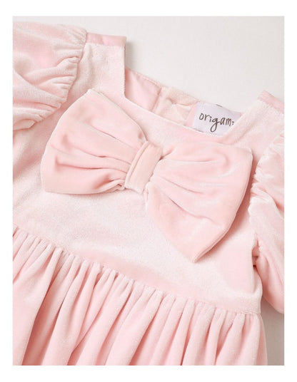 Charlotte Velour Bow Dress in Light Pink