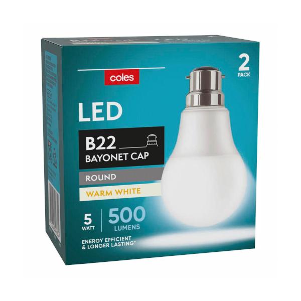 COLES LED GLOBES GLS BC 5W  WARM WHITE:2 PACK