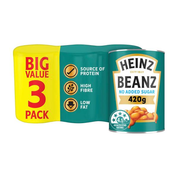 HEINZ BAKED BEANS NO ADDED SUGAR 3 PACK 420G