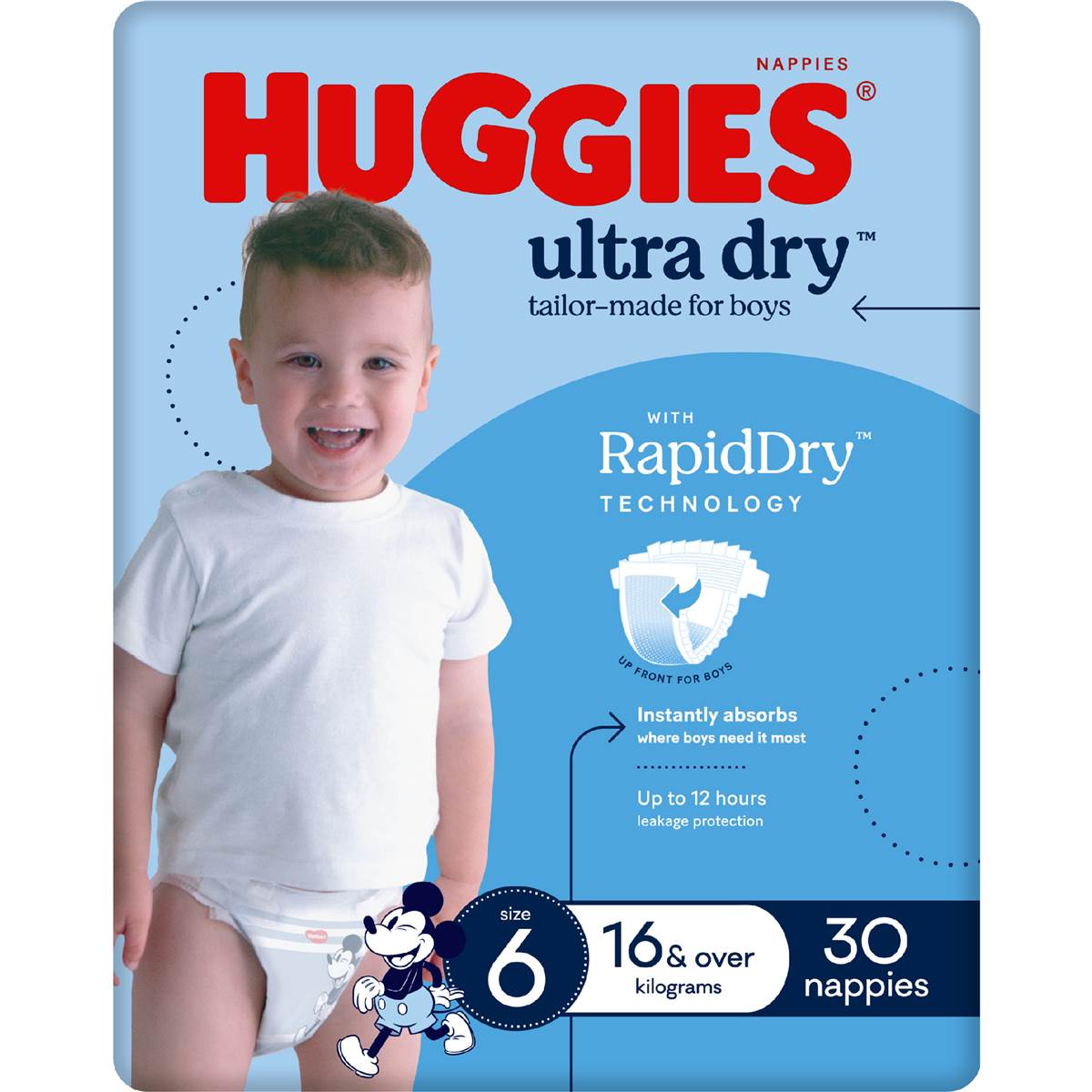 Huggies Ultra Dry Nappies Boys Size 6 (16kg+) 30 Pack