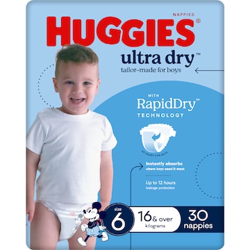 Huggies Ultra Dry Nappies Boys Size 6 (16kg+) 30 pack