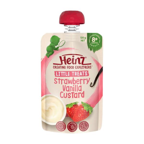 HEINZ LITTLE TREATS STRAWBERRY & VANILLA CUSTARD BABY FOOD POUCH 120G 8+ MONTHS
